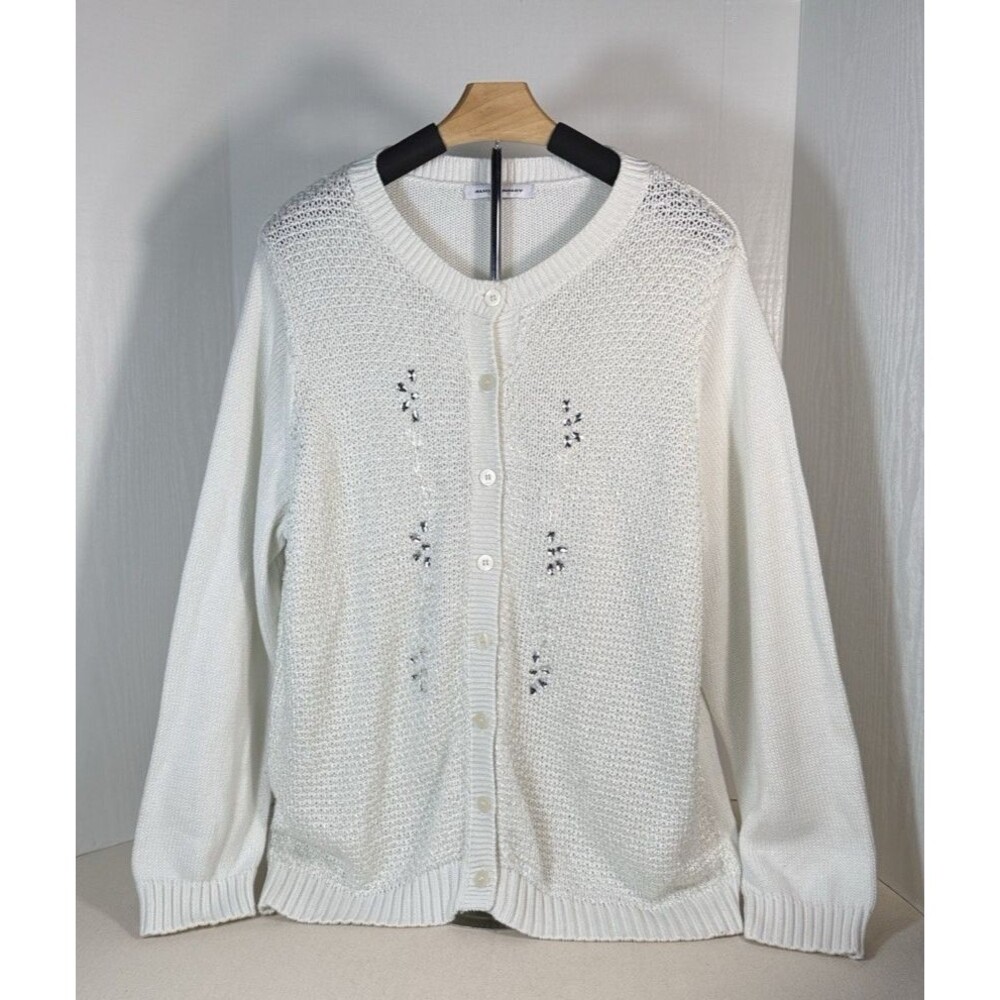 Allison Daley Cardigan White Cotton Blend Cottage Granny Embellished Women's XL